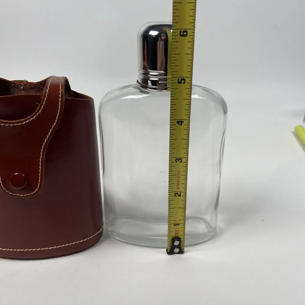 Vintage Glass Hip Flask With Leather Case And Silver Tone Hardware